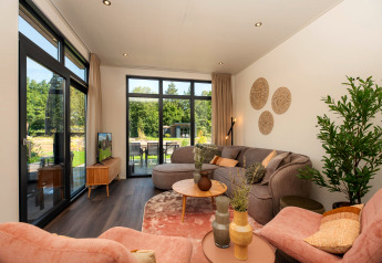 Soggiorno moderno e luminoso nel lodge Cannenburch a Veluwepark de Bosgraaf, Paesi Bassi, con grandi finestre.