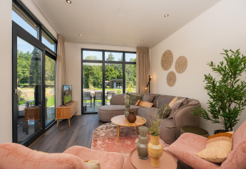 Moderne, lichte woonkamer van Cannenburch-lodge in Veluwepark de Bosgraaf, Nederland, met grote ramen.