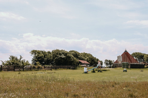 Niños juegan en un sube y baja en un prado frente a edificios de granja en Feather Down Boerderij Ameland.