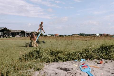 Niños juegan en un balancín con tiendas y caballos al fondo en Feather Down Boerderij Ameland, Friesland.
