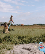 Børn leger på en vippe med udsigt til telte og heste på Feather Down Boerderij Ameland feriepark i Friesland.