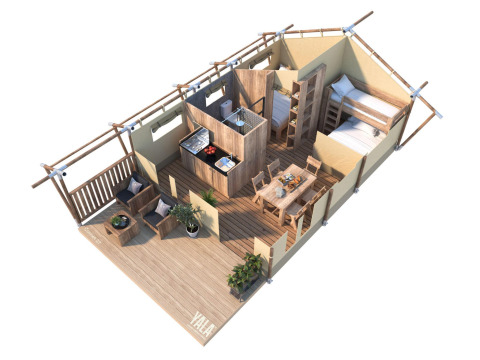 Plano 3D de la tienda safari Comet 27 Lodge en Petite Suisse, Bélgica, con terraza de madera y mobiliario moderno.