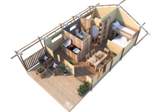 Plano 3D de la tienda safari Comet 27 Lodge en Petite Suisse, Bélgica, con terraza de madera y mobiliario moderno.