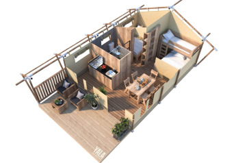 Plano 3D de la tienda safari Comet 27 Lodge en Petite Suisse, Bélgica, con terraza de madera y mobiliario moderno.