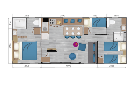 Plano del Taos XL Delux Mobile home en Baalse Hei, Bélgica, mostrando habitaciones y servicios.