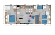 Plano del Taos XL Delux Mobile home en Baalse Hei, Bélgica, mostrando habitaciones y servicios.