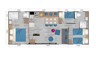 Plano del Taos XL Delux Mobile home en Baalse Hei, Bélgica, mostrando habitaciones y servicios.