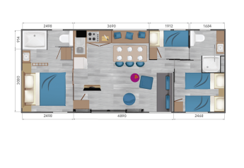 Planimetria di Taos XL Delux Mobile home a Baalse Hei, Belgio, con stanze e servizi visibili.