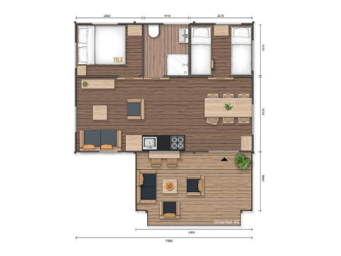 Grondplan van Safari tent Dreamer op Baalse Hei in België met slaapkamers, badkamer en leefruimte.