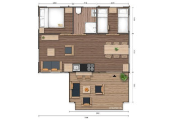 Plan du Safari Tent Dreamer à Baalse Hei, Belgique, avec deux chambres, salle de bain, séjour et terrasse.