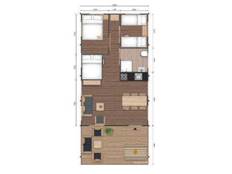 Plattegrond van de Sunshine lodge bij Petite Suisse in België, met slaapkamers, keuken en woonruimte.
