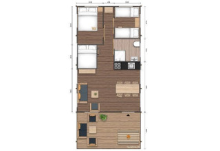 Plattegrond van de Sunshine lodge bij Petite Suisse in België, met slaapkamers, keuken en woonruimte.