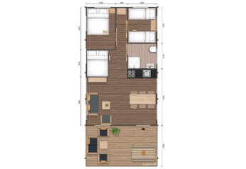Grundriss der Sunshine-Lodge bei Petite Suisse in Belgien, mit Schlafzimmern, Küche und Wohnbereich.