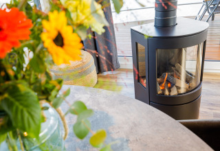 Chimenea moderna y flores coloridas en la sala del Floating House en Vakantiepark Leukermeer, Países Bajos.