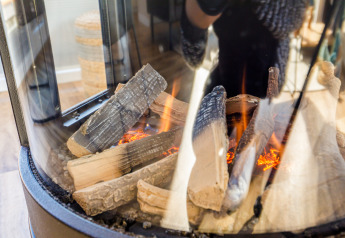 Primer plano de una chimenea moderna con leños encendidos en una casa flotante en Vakantiepark Leukermeer, Países Bajos.