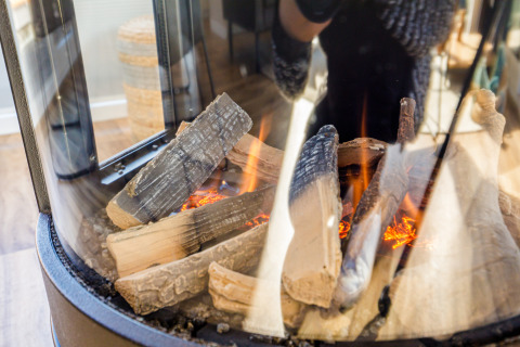 Primer plano de una chimenea moderna con leños encendidos en una casa flotante en Vakantiepark Leukermeer, Países Bajos.