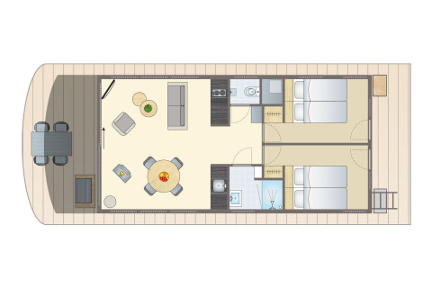 Grundriss eines Floating House Hausbootes im Vakantiepark Leukermeer, Niederlande, mit Terrasse und Schlafzimmern.