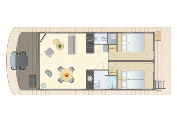 Plano de la casa flotante Floating House en Vakantiepark Leukermeer, Países Bajos, con terraza y dormitorios.