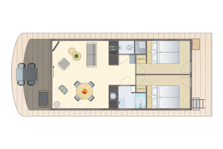 Plattegrond van de Floating House woonboot bij Vakantiepark Leukermeer, Nederland, met terras en slaapkamers.