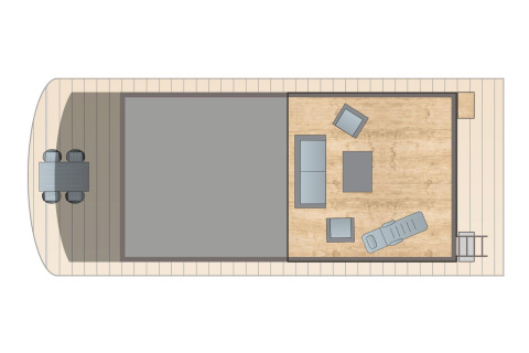 Plano de una casa flotante en Floating House, Vakantiepark Leukermeer, con interior moderno y terraza exterior.
