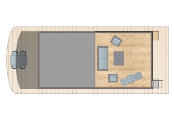 Plano de una casa flotante en Floating House, Vakantiepark Leukermeer, con interior moderno y terraza exterior.
