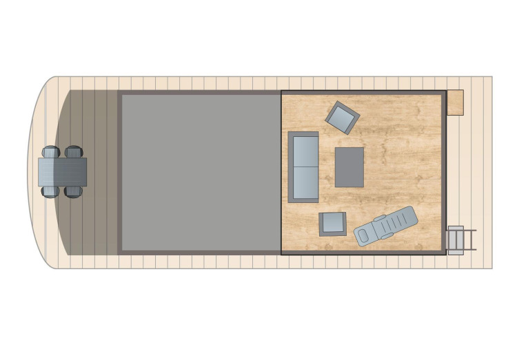 Plattegrond van een woonboot bij Floating House, Vakantiepark Leukermeer, met modern interieur en dek.