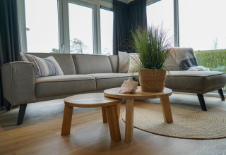 Salon moderne d'un chalet Velthorst à EuroParcs Parc du Soleil aux Pays-Bas avec canapé et table.