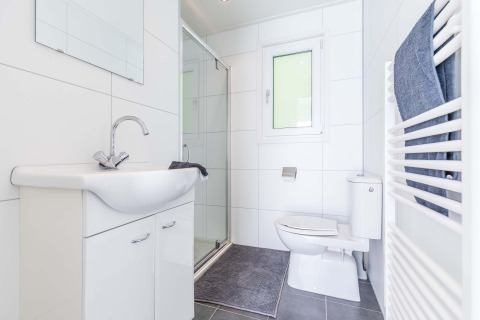 Baño moderno en la cabaña Velthorst de EuroParcs Parc du Soleil, Países Bajos, con ducha y sanitario.
