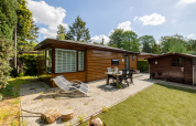Außenansicht des Tiny Chalet im Bungalowpark Het Verscholen Dorp, Niederlande, mit Terrasse und Garten.