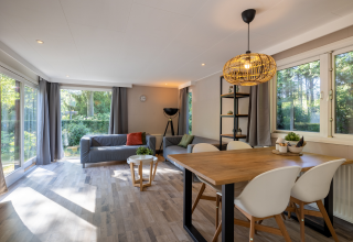 Bright living and dining area in Tiny Chalet at Bungalowpark Het Verscholen Dorp, Netherlands, with large windows.
