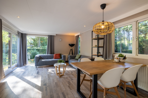 Séjour lumineux avec coin repas du Tiny Chalet au Bungalowpark Het Verscholen Dorp aux Pays-Bas, fenêtres larges.