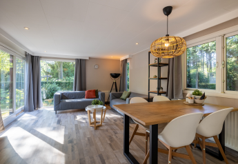 Moderne stue og spisestue i Tiny Chalet på Bungalowpark Het Verscholen Dorp i Holland med store vinduer.