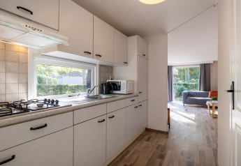 Bright kitchen inside Tiny Chalet at Bungalowpark Het Verscholen Dorp, view into living area and garden outside.