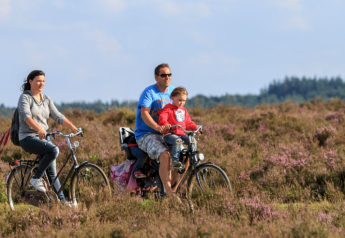 Famiglia in bicicletta tra brughiere fiorite durante una vacanza glamping immersi nella natura.