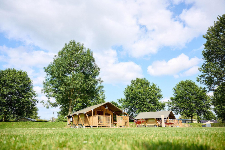 Tienda safari Villatent Compact en Camping Betuwe, Países Bajos, rodeada de árboles y césped verde.