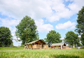 Safari-teltet Villatent Compact på Camping Betuwe i Holland, omgivet af træer og en grøn græsplæne.