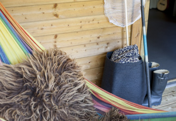 Amaca colorata, cuscino peloso, stivali di gomma e rete da pesca a Camphome, Holiday park Witterzomer.