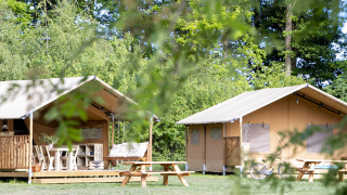 Tende safari in campeggio con tavoli da picnic, una bici e alberi verdi in una giornata soleggiata.