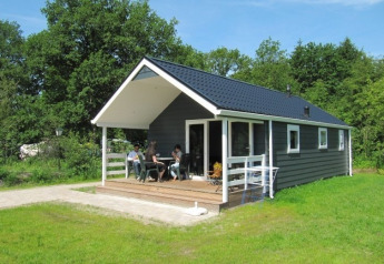 Chalet med veranda omgivet af grønt græs og træer, mennesker nyder udendørs siddepladser i solen.