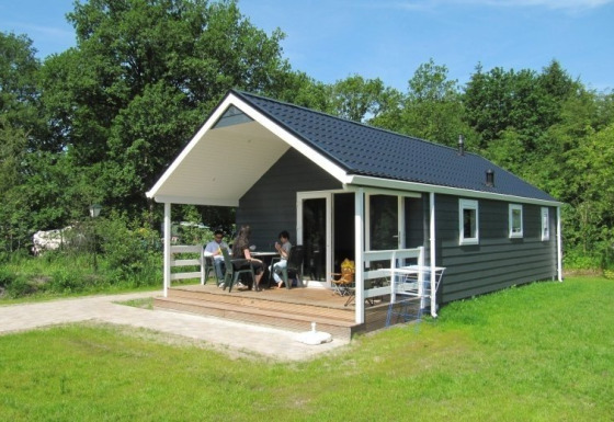 Chalet avec véranda entouré d'herbe et d'arbres verts, des personnes se détendent sur la terrasse.