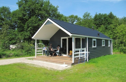 Chalet met veranda, omringd door groen gras en bomen, mensen genieten buiten op het terras in de zon.
