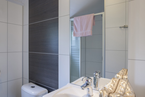 Modern bathroom in Chalet with Veranda at Holiday park Witterzomer, showing sink, toilet, and shower.