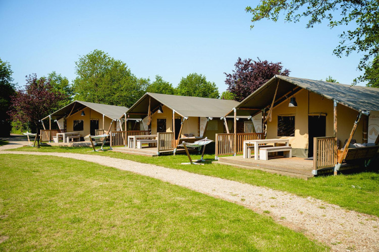 Tentes safari Villatent Nomad à Vakantiepark de Twee Bruggen, aux Pays-Bas, alignées dans la verdure.