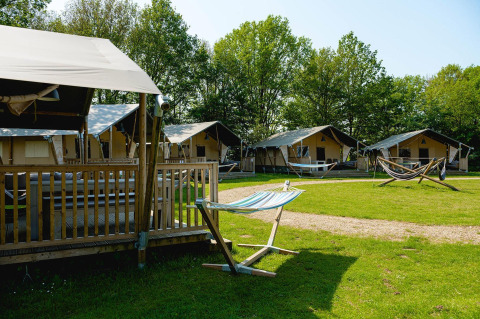 Vue sur les tentes safari Villatent Nomad et les hamacs au Vakantiepark de Twee Bruggen, Pays-Bas.