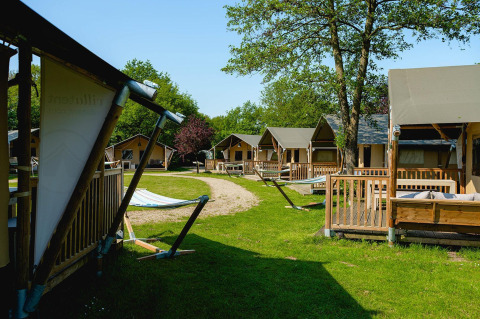 Tentes safari Villatent Nomad au Vakantiepark de Twee Bruggen, Pays-Bas, entourées de verdure.