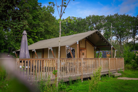 Tienda safari Wellness en Holiday Park Sallandshoeve, Países Bajos, con terraza de madera rodeada de naturaleza