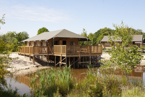 Gran tienda Safaricottage XL con terraza junto al agua en Holiday Park Sallandshoeve, Países Bajos, rodeada de verde.