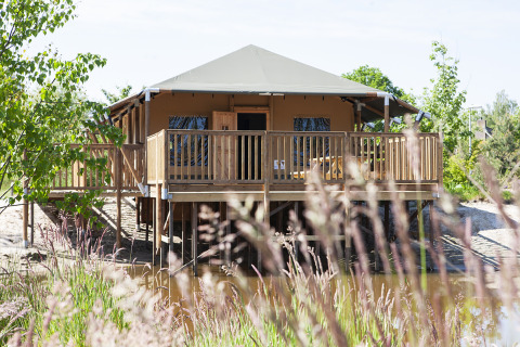 Tente safari Safaricottage XL sur pilotis au Holiday Park Sallandshoeve aux Pays-Bas, entourée de nature.