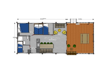 Plattegrond van Safaricottage XL tent bij Vakantiepark Sallandshoeve, Nederland, met indeling en afmetingen.