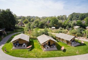 Safaritenten bij Holiday Park Sallandshoeve in Nederland, omringd door gras en groene natuur.